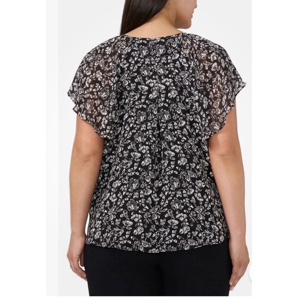 HALOGEN, Plus 3X, Black White‎ Flutter Sleeve Split Neck Top Floral Blouse, NWT - Picture 2 of 14